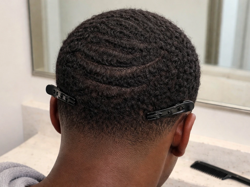 Close-up of natural curly hair being clipped into subtle wave pattern for starter length.