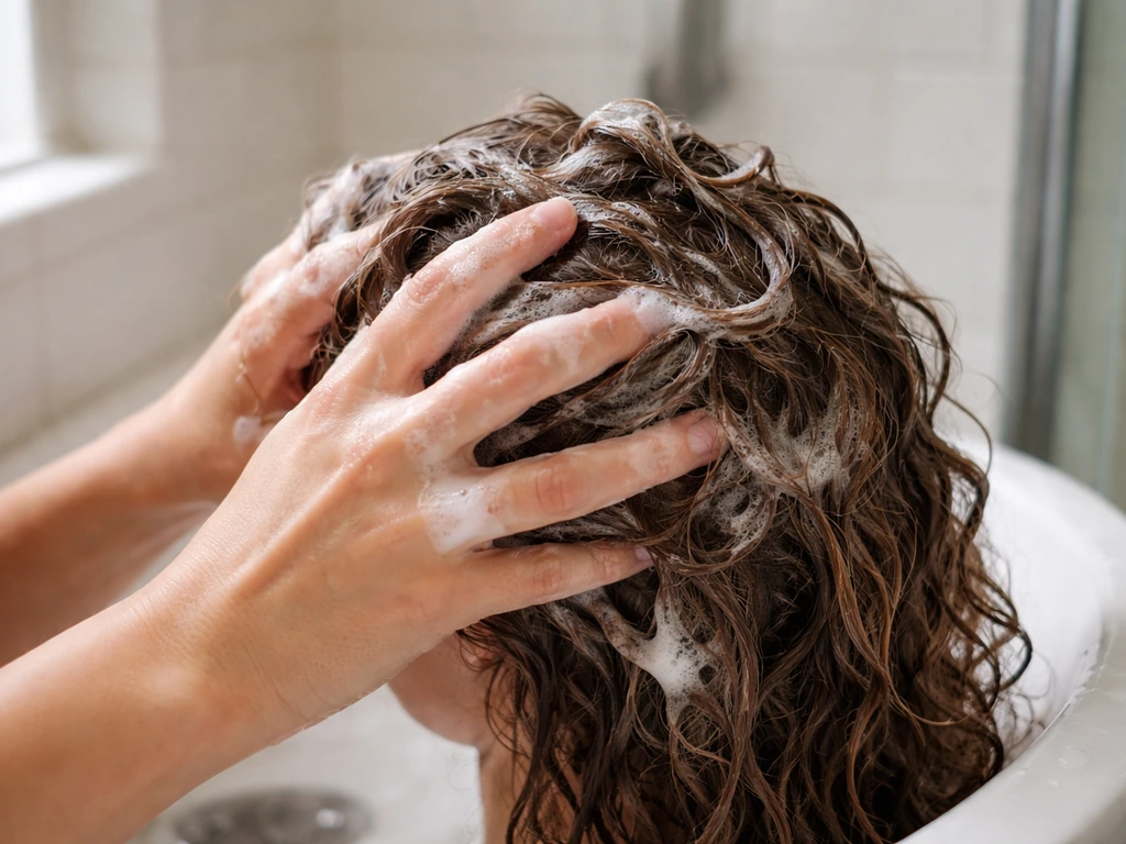 Hands washing wavy hair in sections at a bathroom sink with gentle lather, simple minimal background.