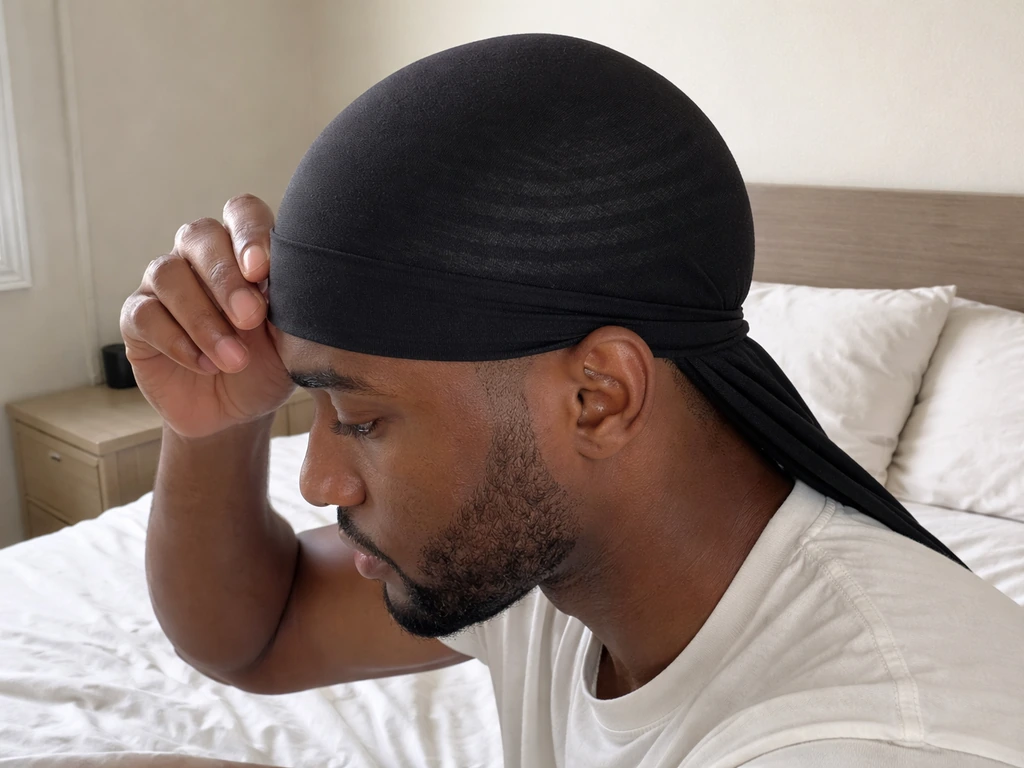 Person wearing a snug wave cap/durag after brushing hair, ready for overnight compression