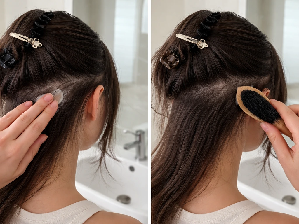 Hand gently applies moisturizer and brushes one side lagging hair section, with clipped sections in a bathroom.