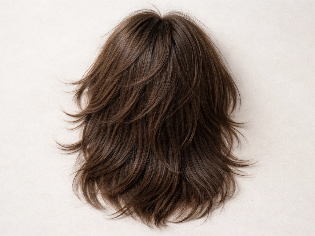 Overhead view of layered hair in the awkward grow-out stage on a neutral background, showing shorter top pieces and long
