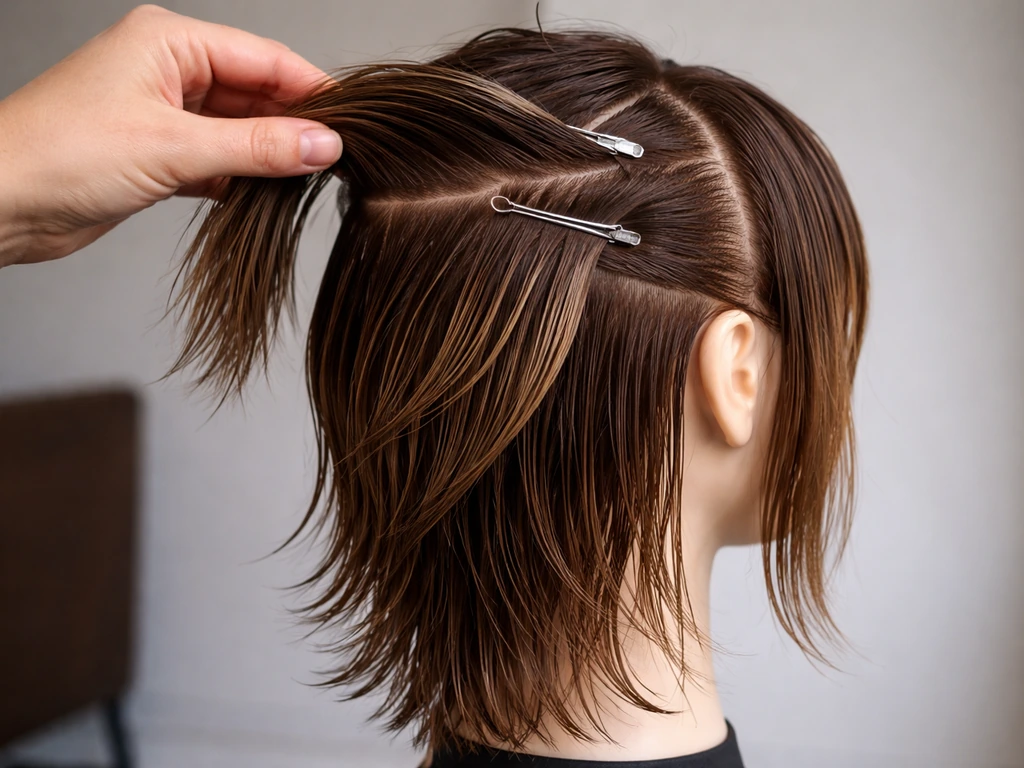 Close-up of hair sections lifted with clips to show shorter top layers blending into longer lengths.