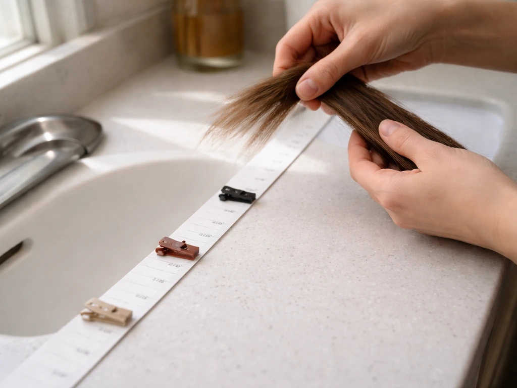 Hands holding a hair strand over an unmarked tape measure with three plain clips marking grow-out stages.