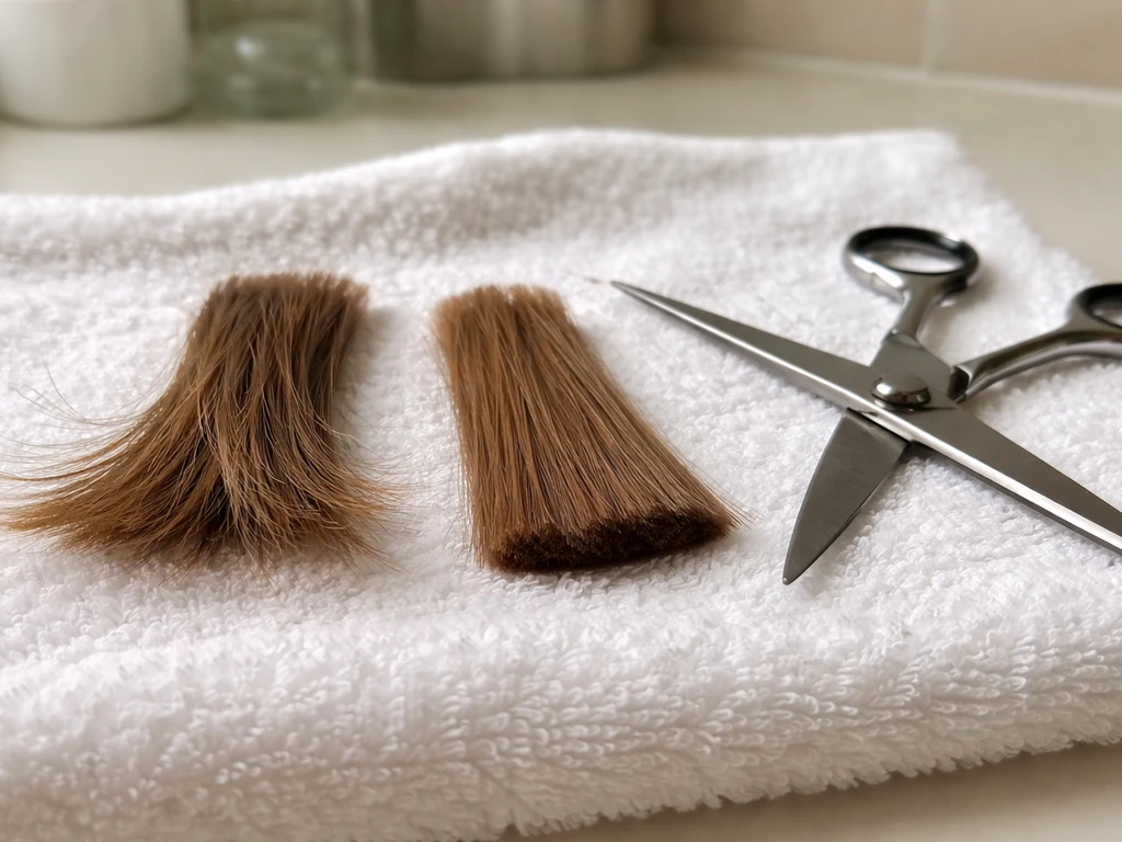 Close-up of split hair ends versus freshly trimmed ends on a white towel, with small scissors nearby.