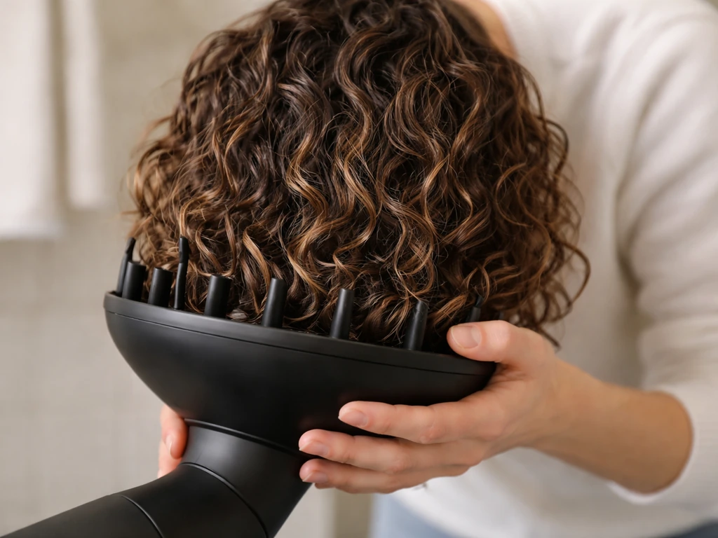 Wavy curly hair cupped into a diffuser while the head is flipped forward, showing defined curl drying.