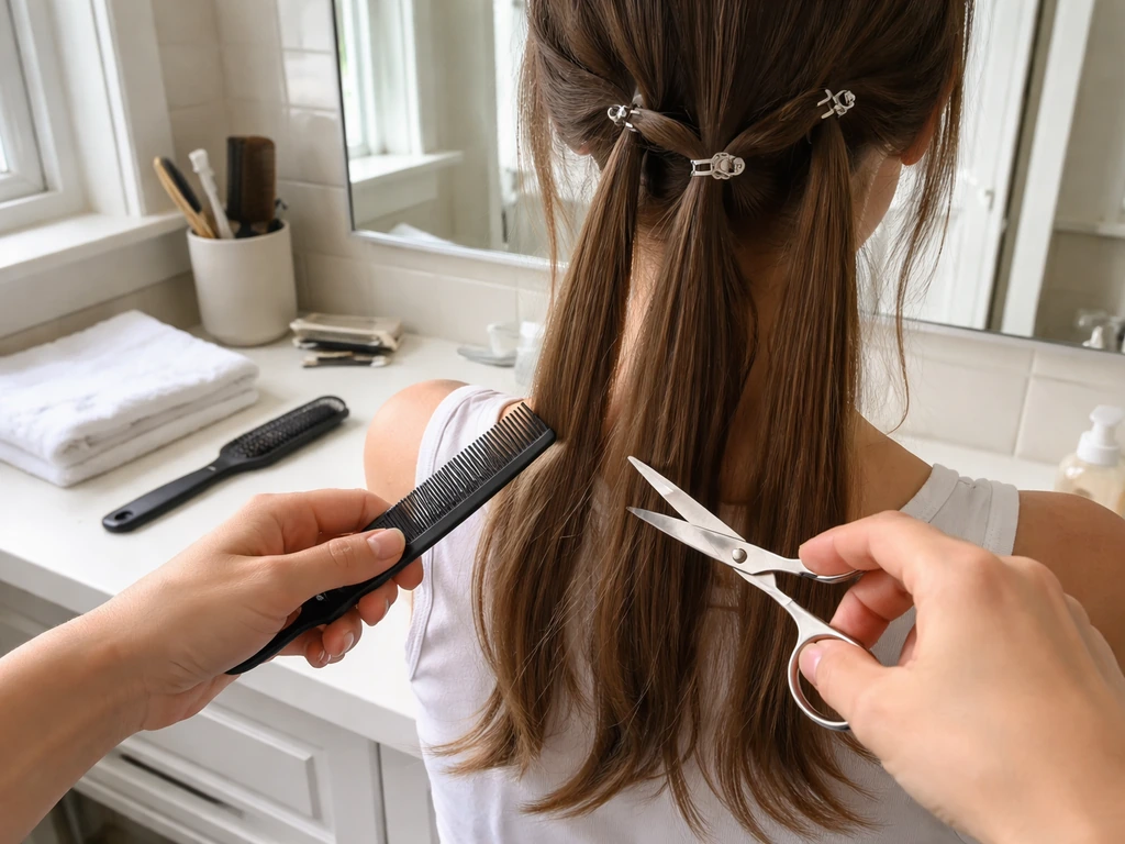 Person trimming hair at home by a mirror with shears and comb, neatly sectioned hair ready for a DIY split-end trim.