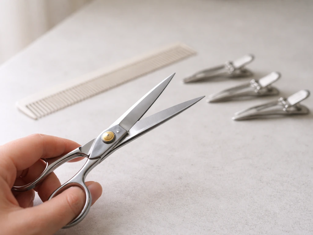 Close-up of sharp hair-cutting shears with a fine-tooth comb and sectioning clips on a clean surface.