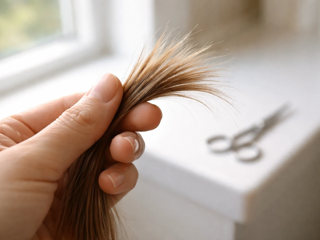 Close-up of a hand holding a few straight hair strands up to sunlight to check for split ends