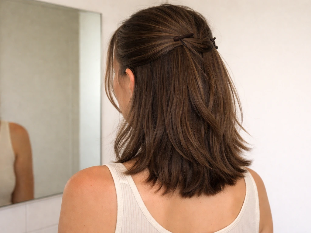 Person’s hair styled in a protective pinned-front look, hiding uneven bang edges with tidy controlled layers.