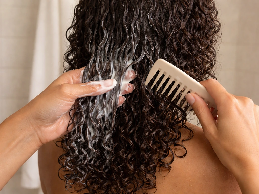 Hands applying a creamy hair mask and detangling wet curls with a wide-tooth comb in sections.