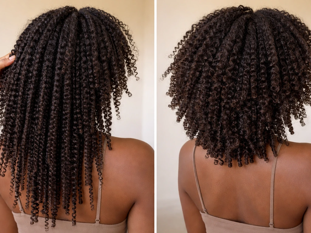 Close-up of curly hair strands side-by-side: stretched longer curls next to tighter, shrunken dried curls