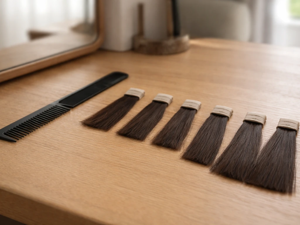 Minimal studio desk scene with a timeline-like row of numbered hair-length markers showing bang grow-out stages