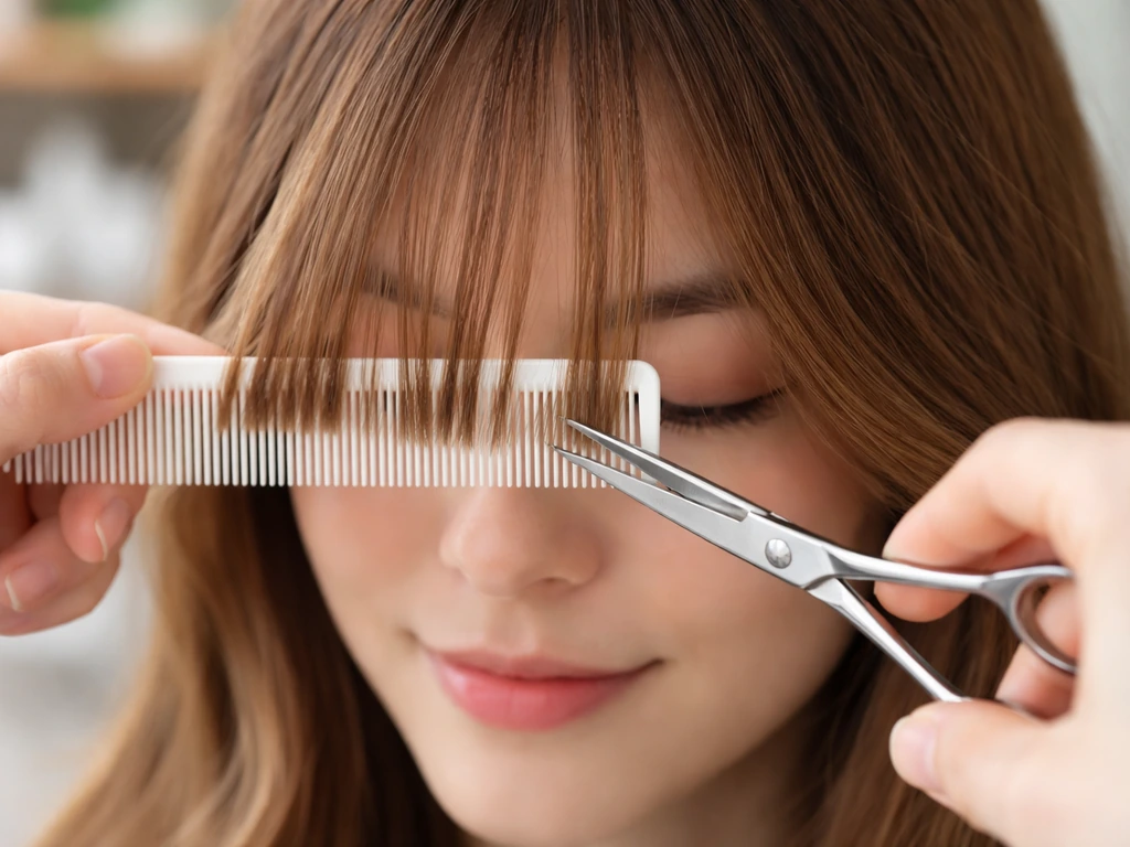 Stylist using scissors and fine-tooth comb to micro-trim curtain-bang ends on a client in salon light