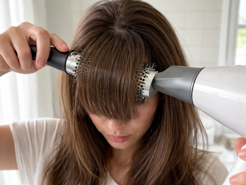 Close-up of someone blow-drying front bangs with a round brush, pulling forward for root lift.