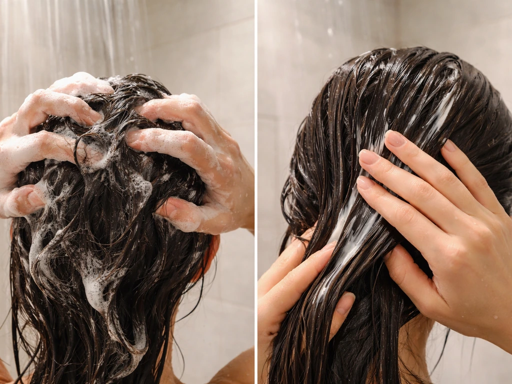 Close-up of hands washing hair and smoothing conditioner into strands in a simple bathroom setting.