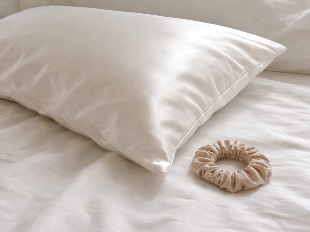 Satin pillowcase on a bed beside a hair tie, suggesting low-friction sleep for less overnight tangling.