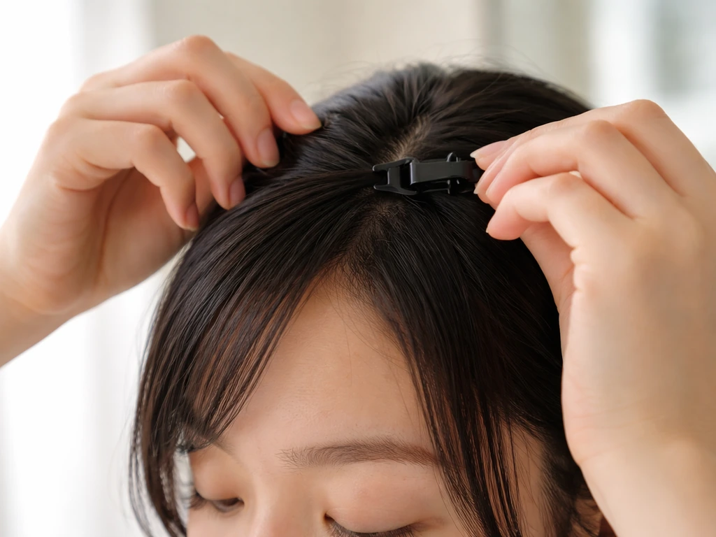 Close-up of a person using a small hair clip to sweep fringe away from the forehead