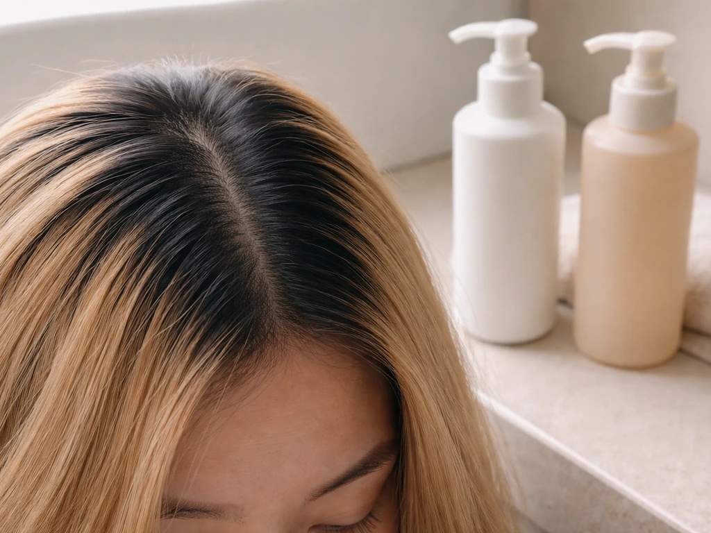 Close-up of roots regrowth line with natural hair, next to color-safe shampoo and conditioner bottles