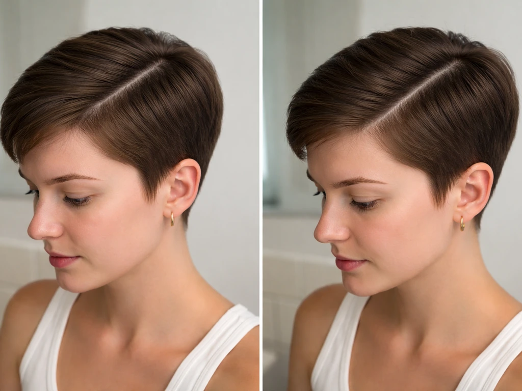 Short pixie hair showing a subtle side part vs a crisp hard straight part on the same head