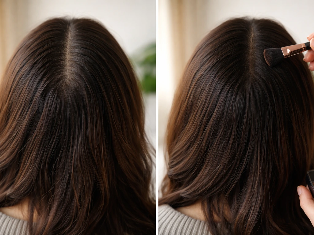 Back-of-head hair before/after look showing blurred roots with tinted spray and soft blending.