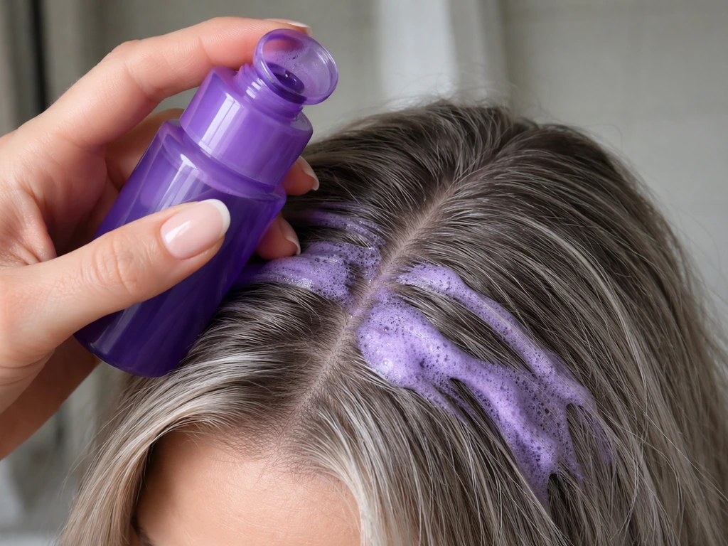 Purple shampoo bottle with foamy lather on gray hair, showing cooler toning and soft regrowth contrast.