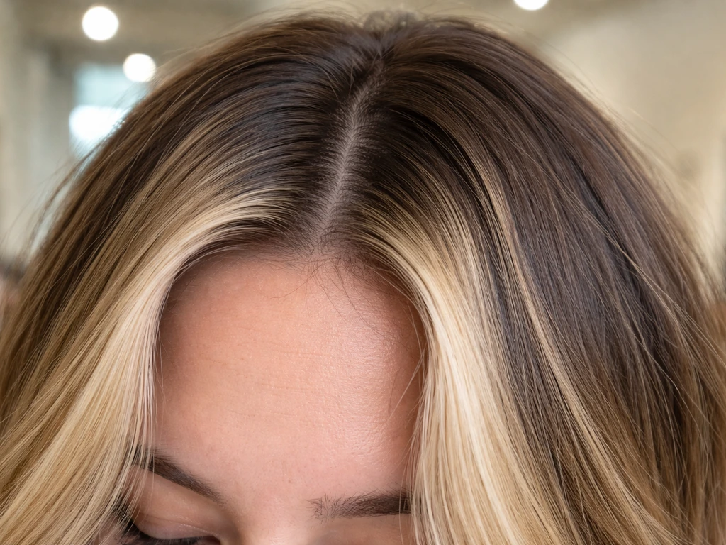 Close-up of face-framing money piece highlights blending into natural roots during grow-out, visible tonal variation.