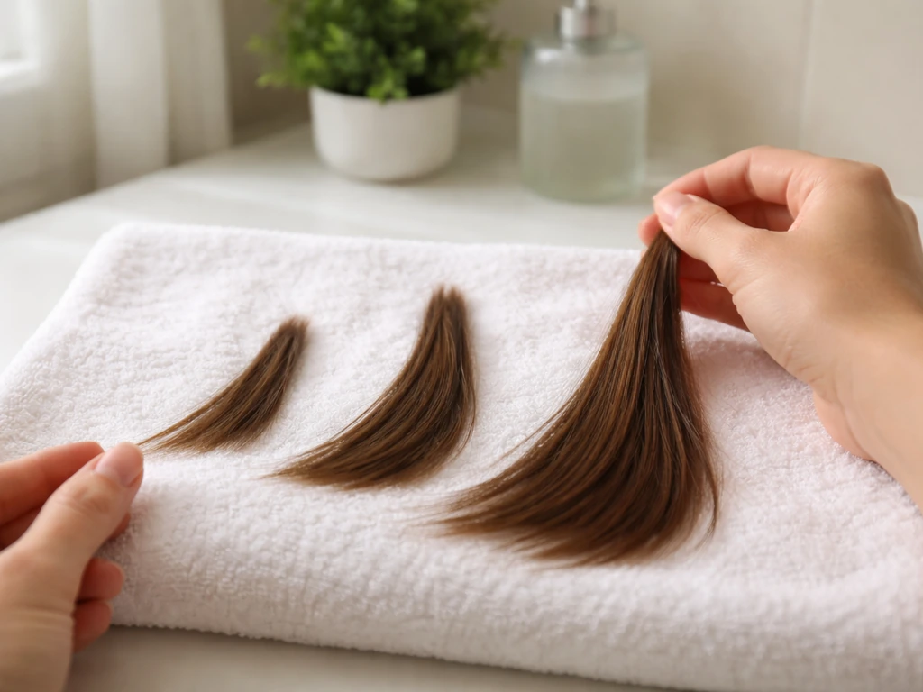 Hands holding three hair strands of different lengths on a bathroom vanity to suggest hair growth over time.
