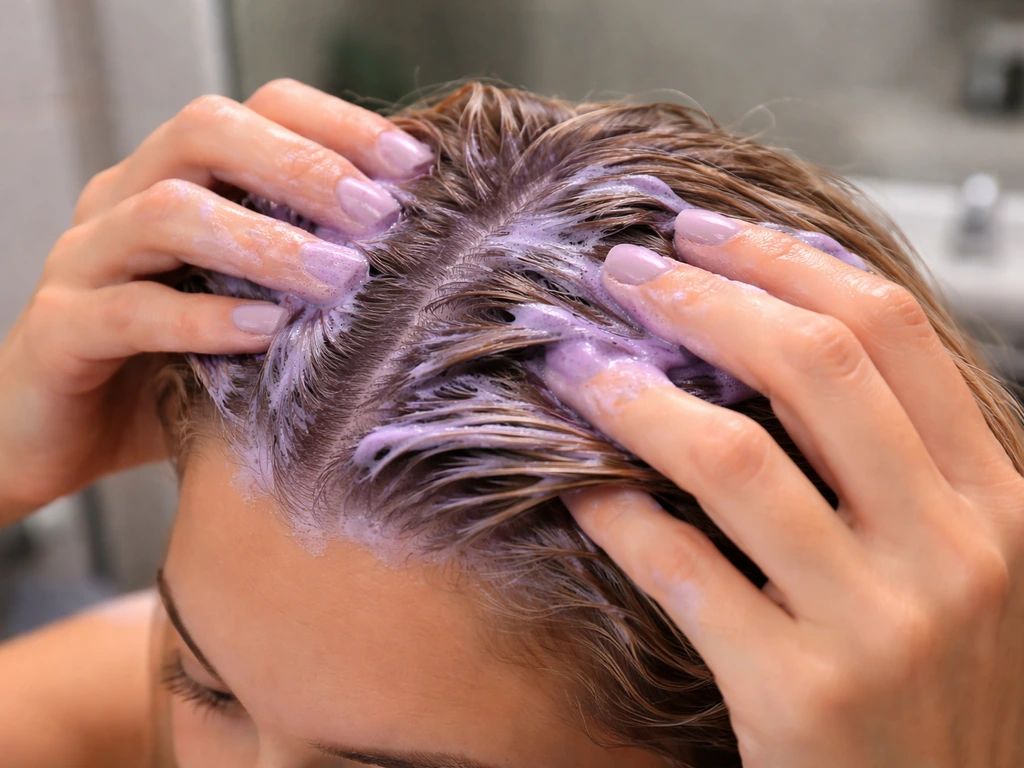Hands work purple shampoo into damp highlighted hair near the hairline, violet lather visible.