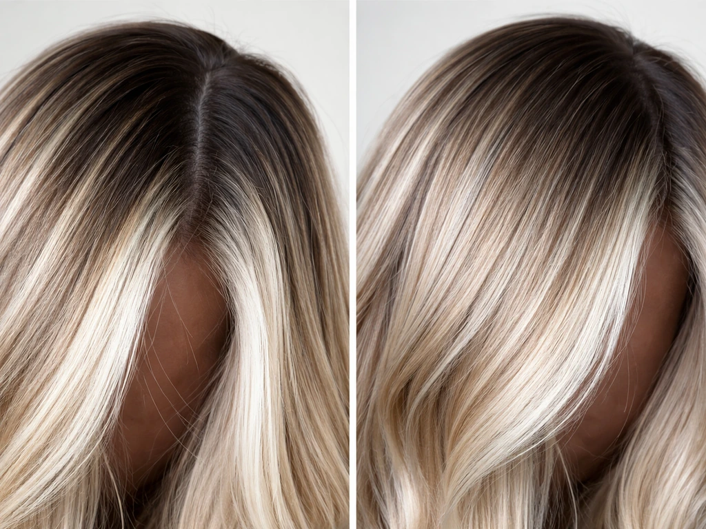 Close-up of hair with visible roots and highlights, showing softened after-toning and blending