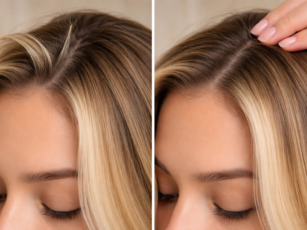 Close-up of a cowlick at the hairline separating a face-framing money piece, then smoothed flat.