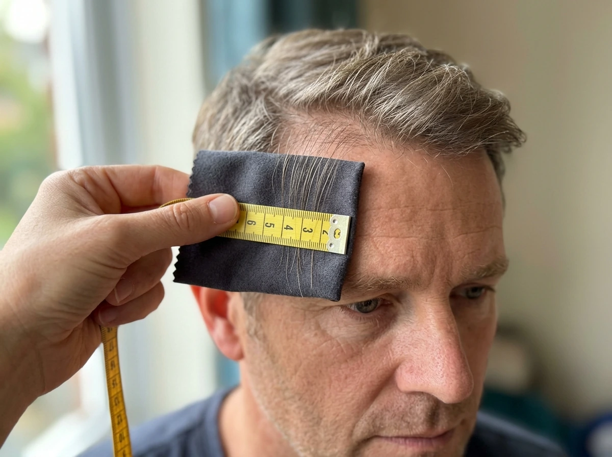 Hand holding a measuring tape next to hairline to estimate hair growth over time