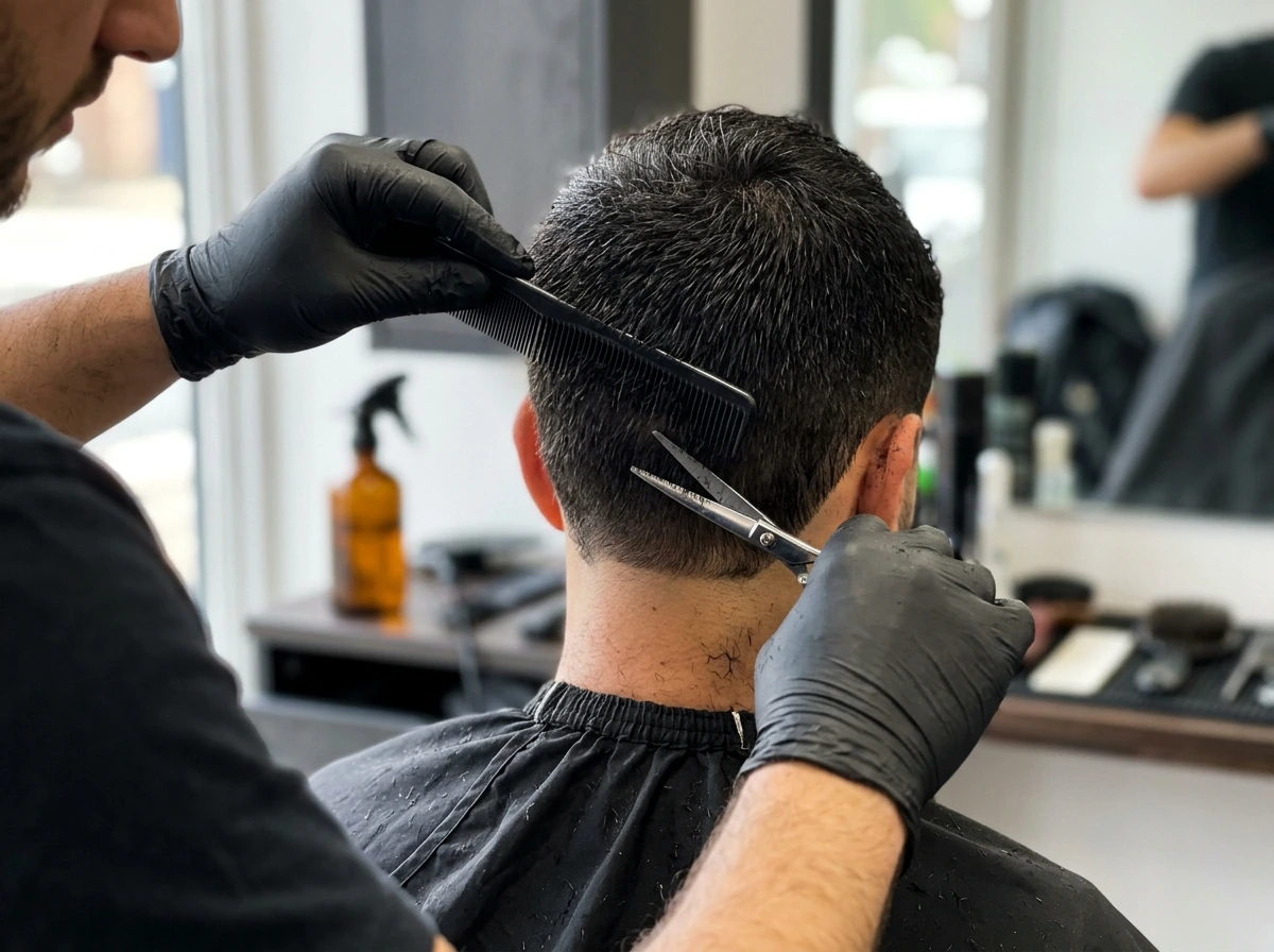 Comb and scissors at a shaping appointment with the top protected from trimming