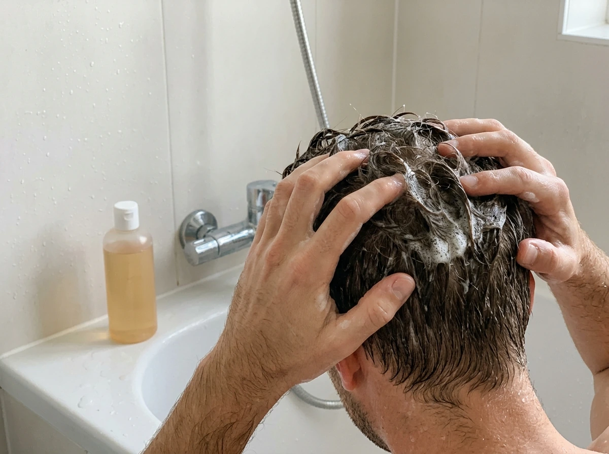 Shower routine with shampoo massage on scalp during wash day