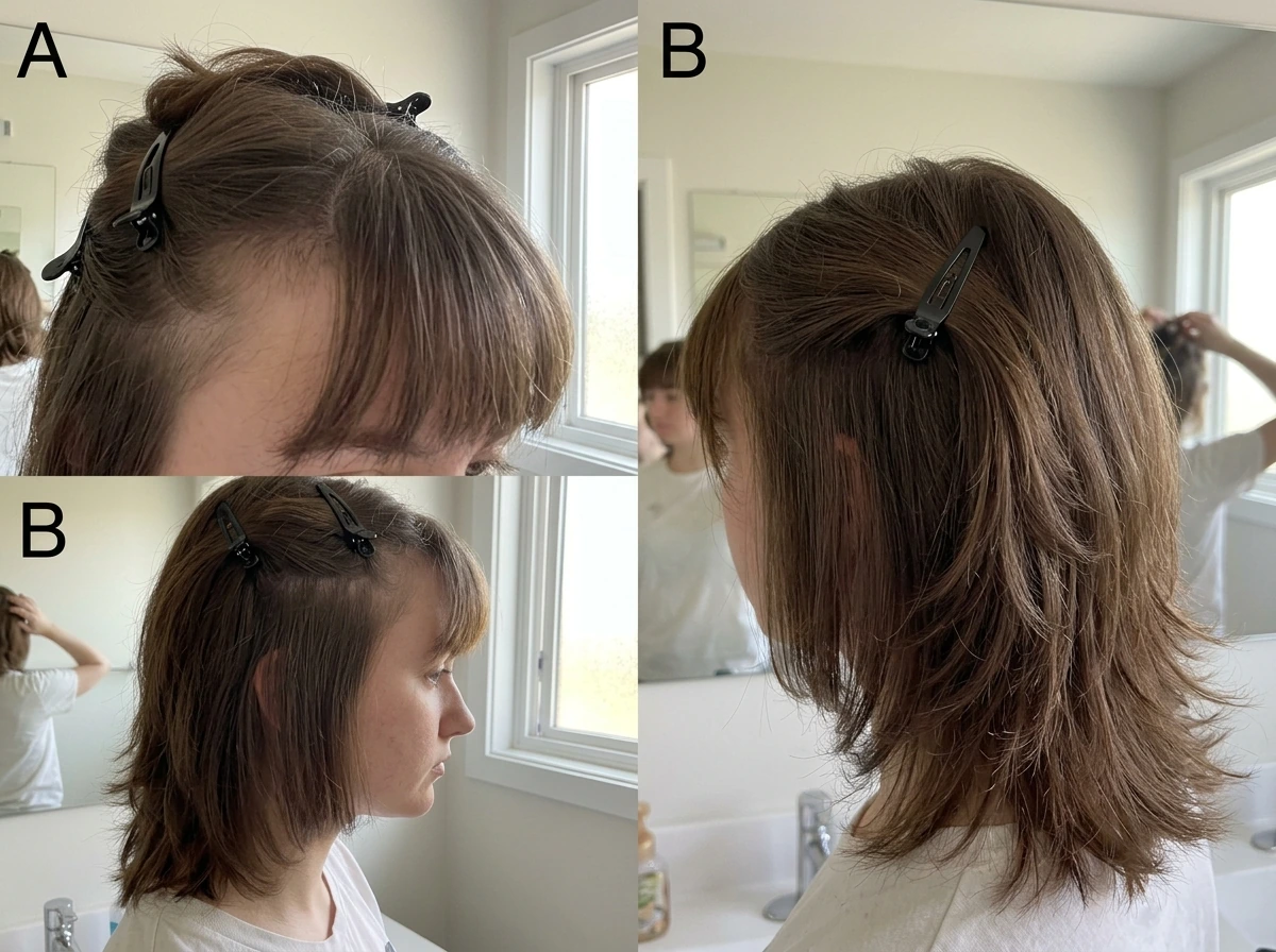 Three-stage awkward hair lengths shown side-by-side at 1-3 months