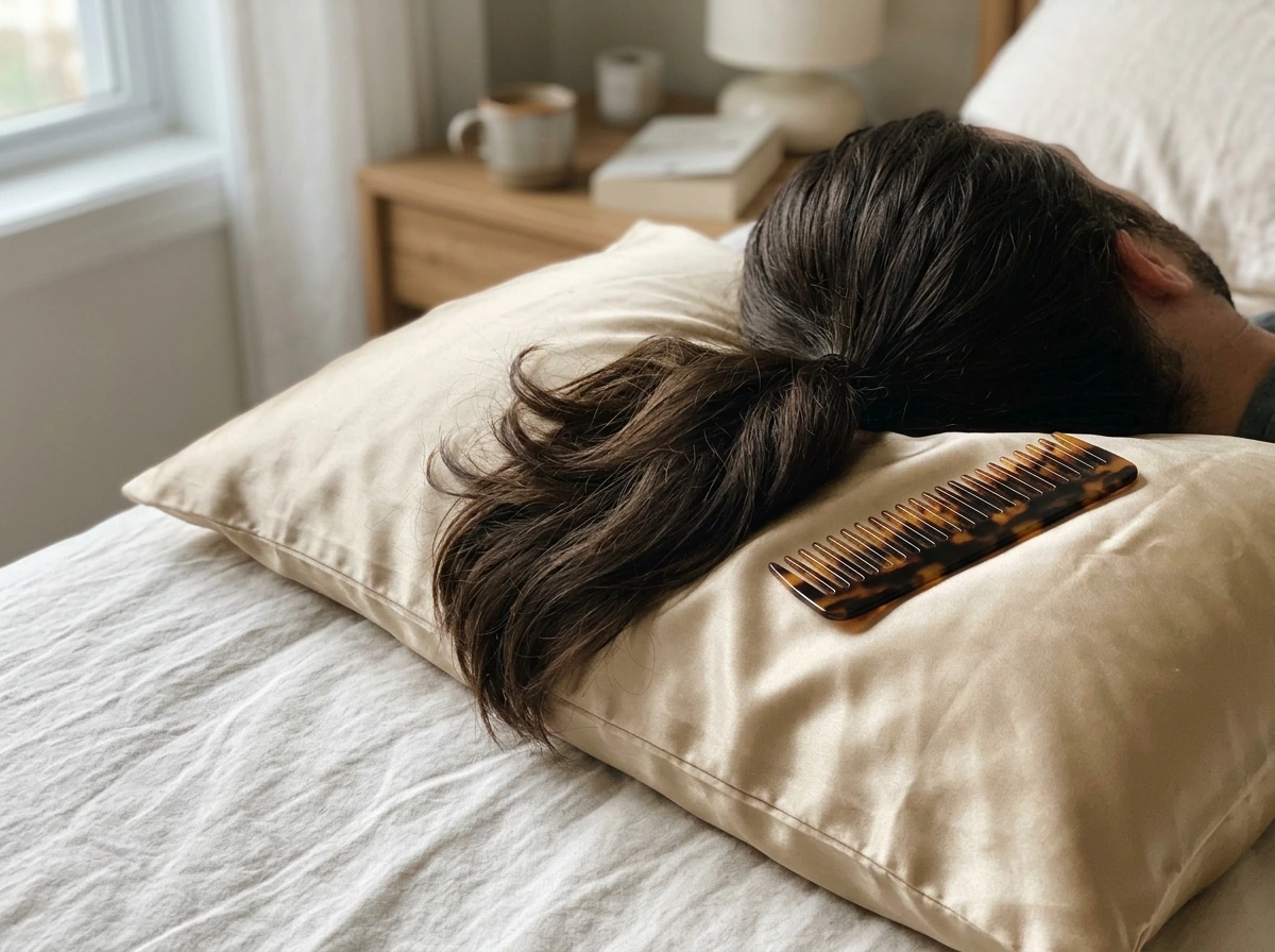 Silk pillowcase on bed with hair detangled and protected overnight