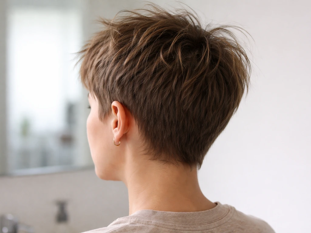 Top/back of a head with short pixie-buzz grow-out hair and visible flyaway strands in natural light