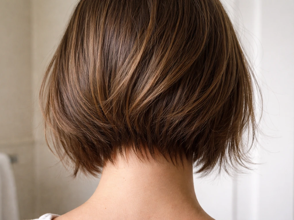 Close-up of nape and sides showing bob-to-lob flyaways with shorter underlayer hairs peeking out.