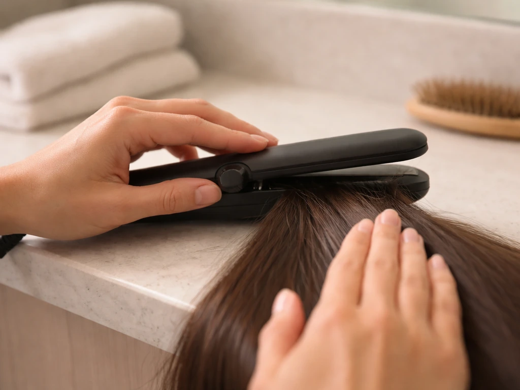 Person adjusting a flat iron to a lower heat setting while styling hair to prevent flyaways.