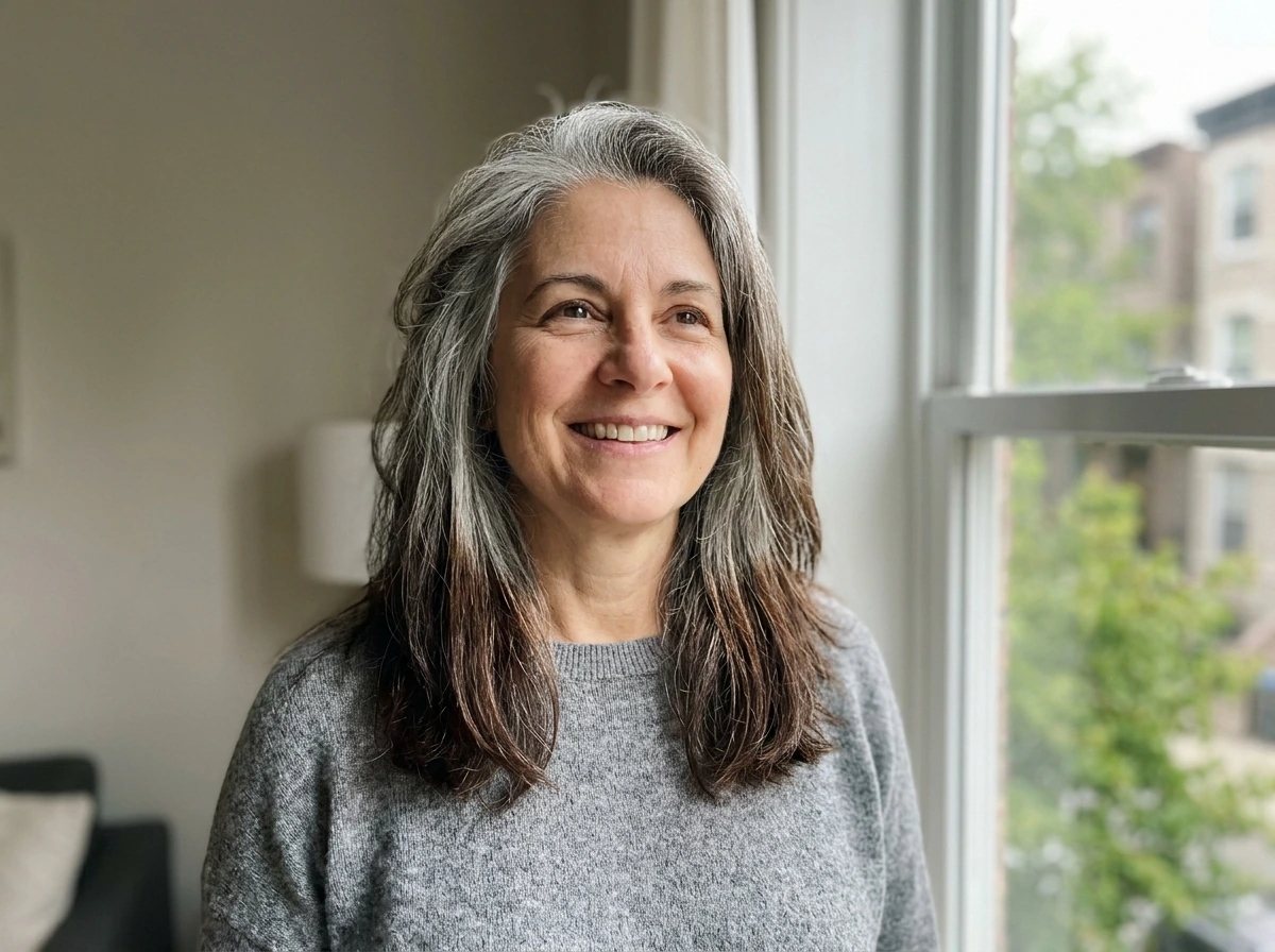 Portrait showing gray roots with remaining dyed ends during the grow-out to gray process
