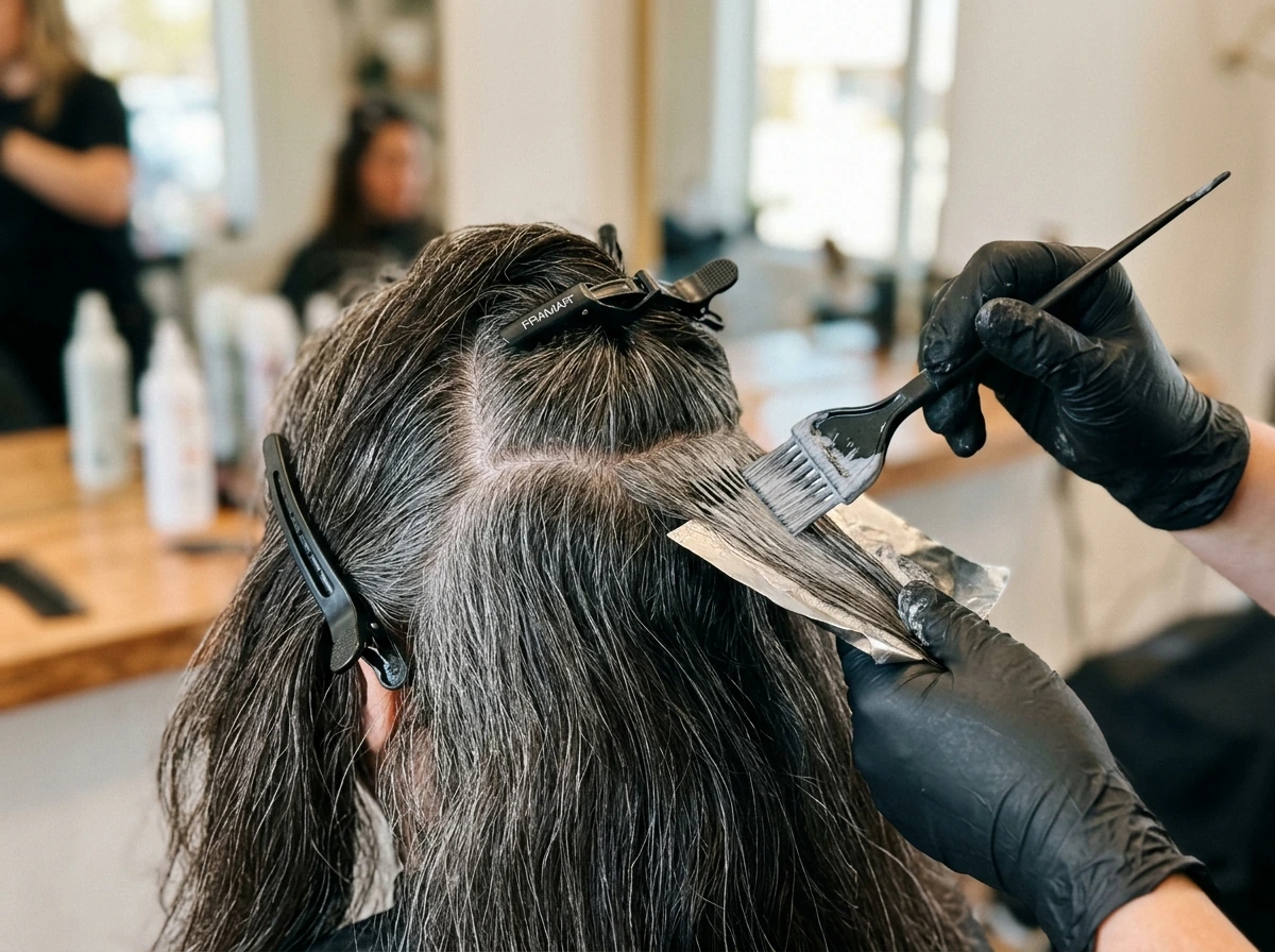 Gray roots blending into dyed length with a balayage-style melt