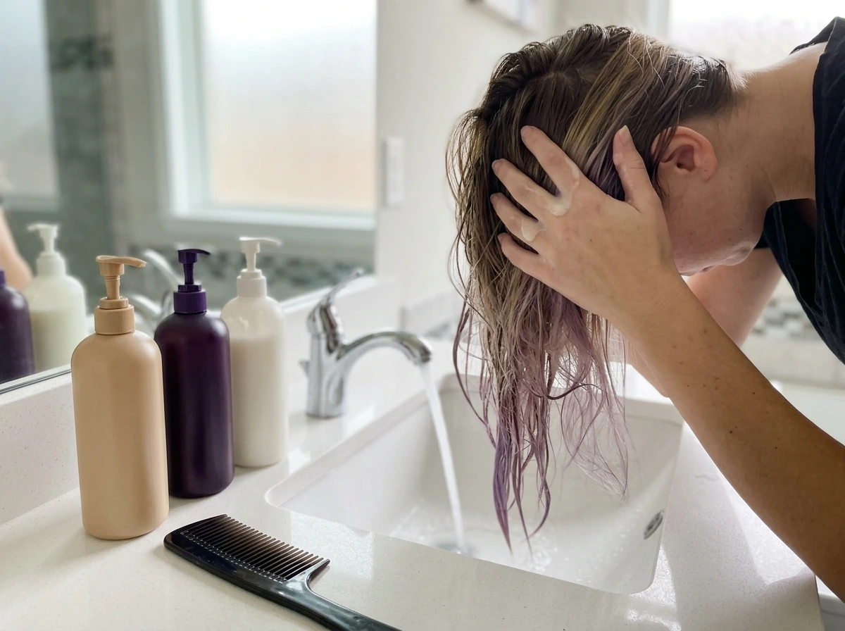 Sulfate-free wash routine with purple shampoo and conditioner closeup