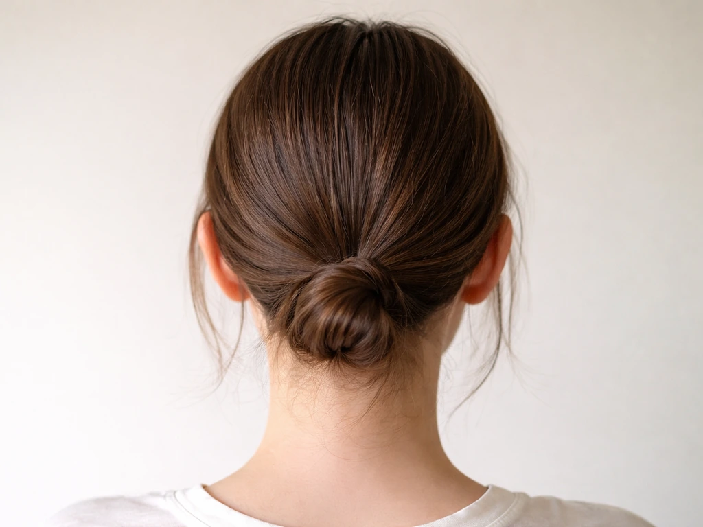 Medium-length hair tucked behind ears and gathered into a small low ponytail/bun in soft natural light.