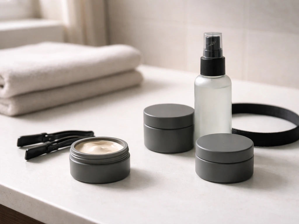 Matte clay, sea salt spray, clips, and headband laid out in two grouped sections on a bathroom counter.