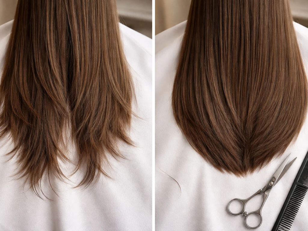 Close-up of two neatly sectioned hair layouts showing uneven vs blended layers, with comb and trim shears.