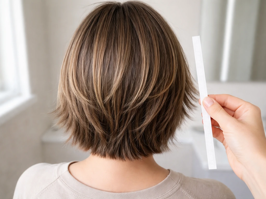 Top-down close-up of a woman’s short layered haircut grow-out showing chin-length shortest layer and longer pieces