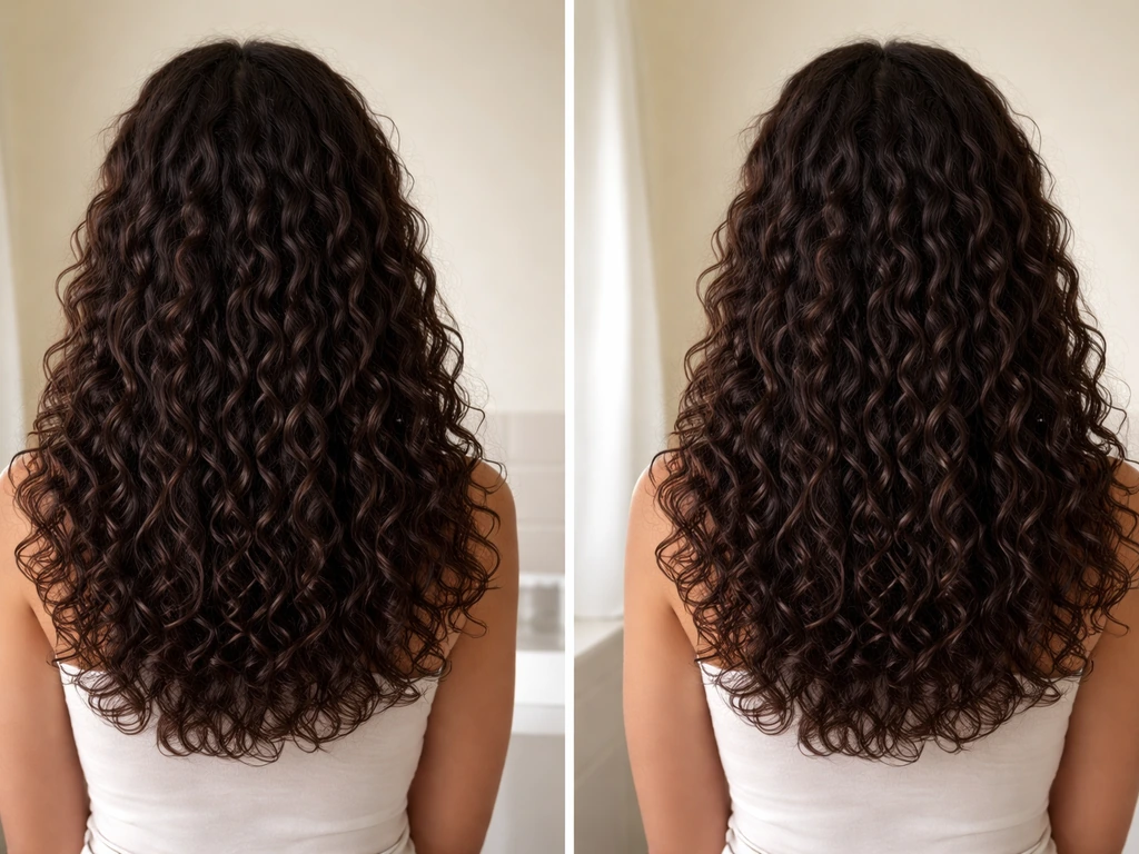 Below-shoulder long curly hair with weight blending; ends laid flat and softly layered