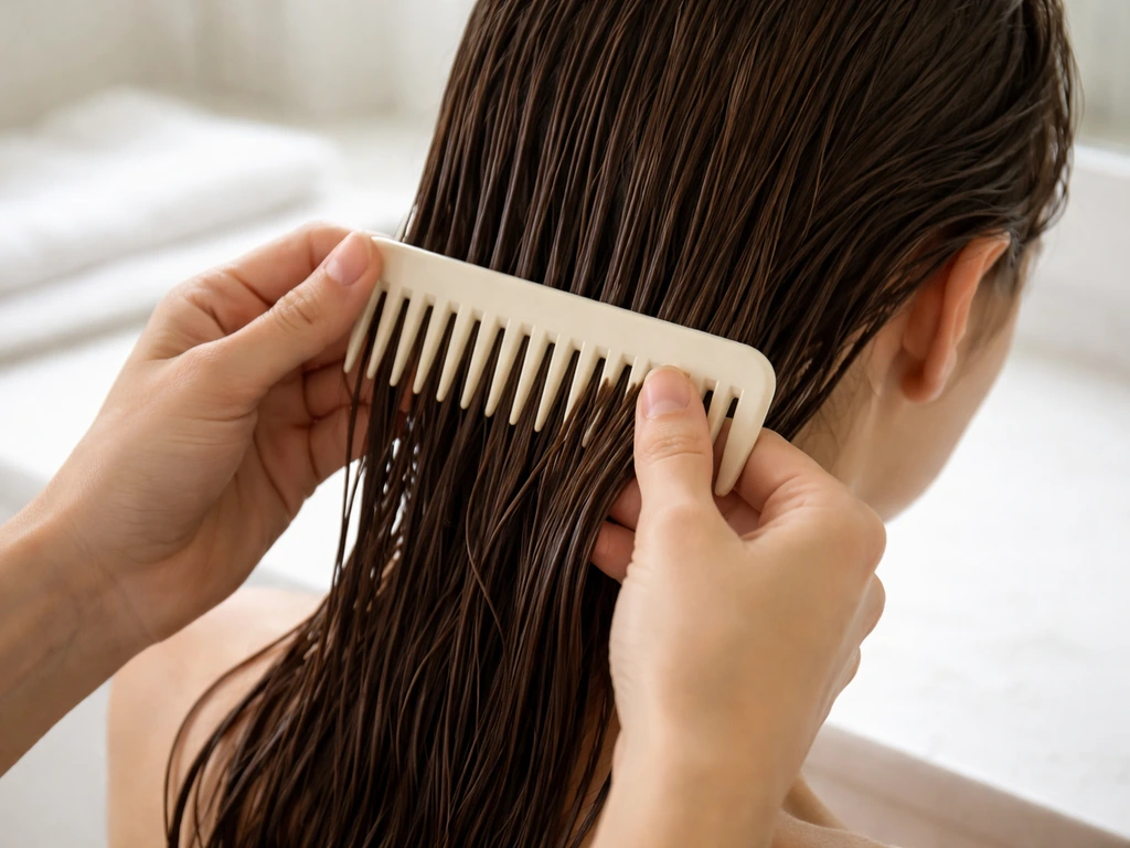 Hands detangling damp hair in small sections with a wide-tooth comb on a bathroom counter