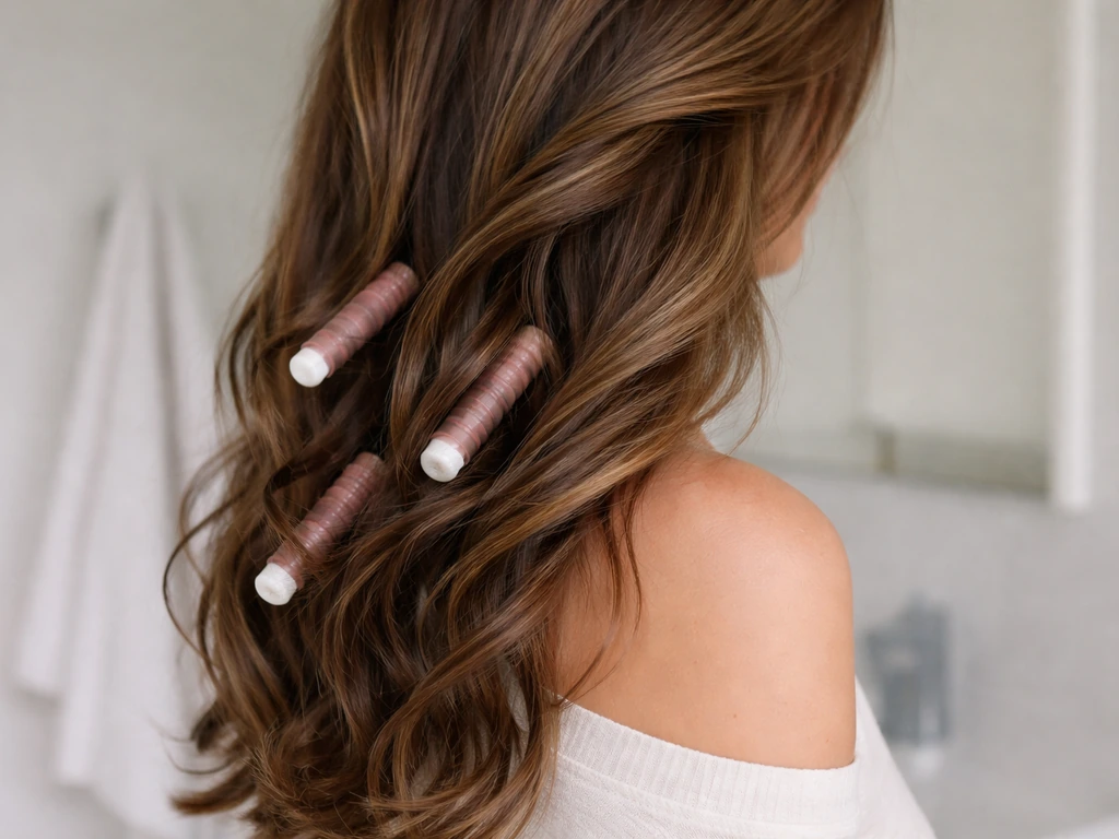 Close-up of soft hair waves made with flexi rods, blending layers in natural light