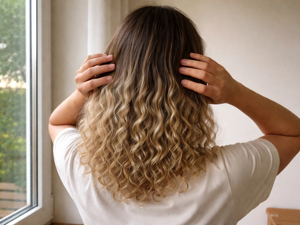 Person with roots naturally visible and mid-length hair still curled, showing perm regrowth stages in soft light