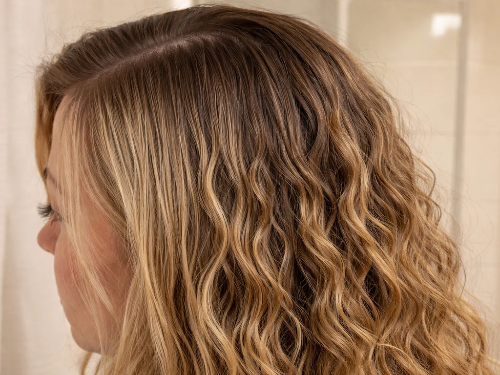 Close-up of hair showing natural roots next to permed lengths with a visible regrowth line.